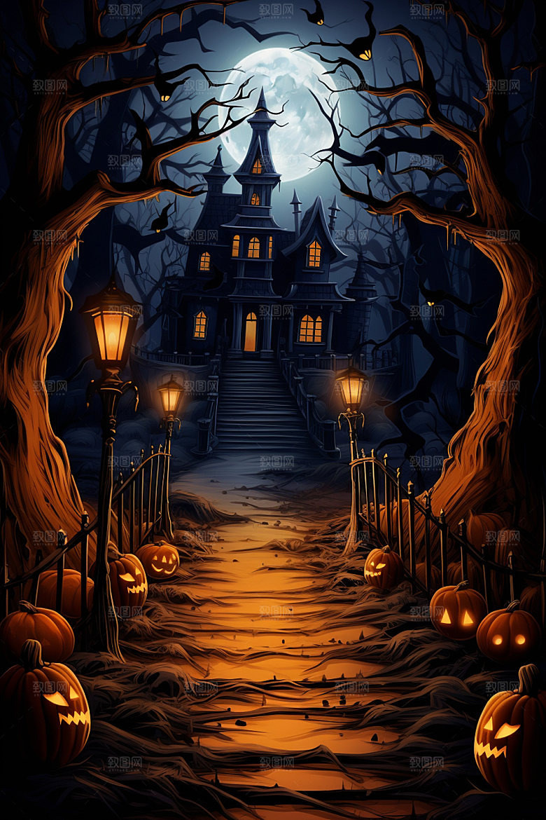 万圣节恶魔建筑城堡插画