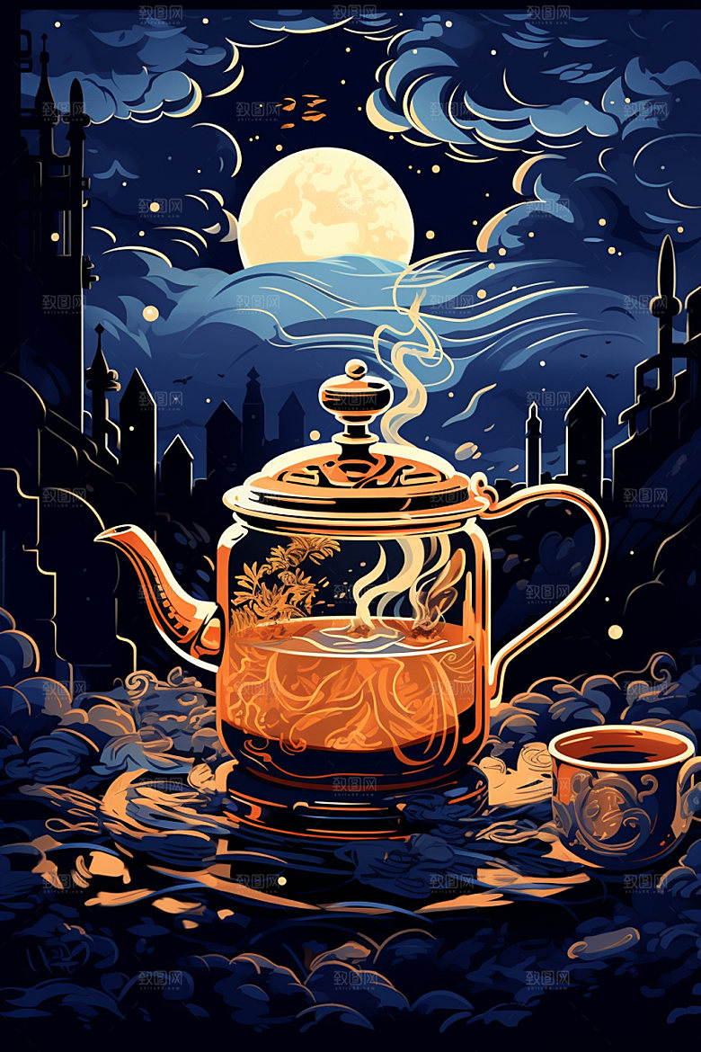 秋冬养生围炉煮茶茶话矢量素材