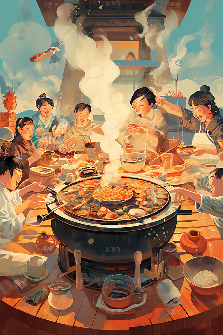 秋冬养生美食插画国潮矢量素材