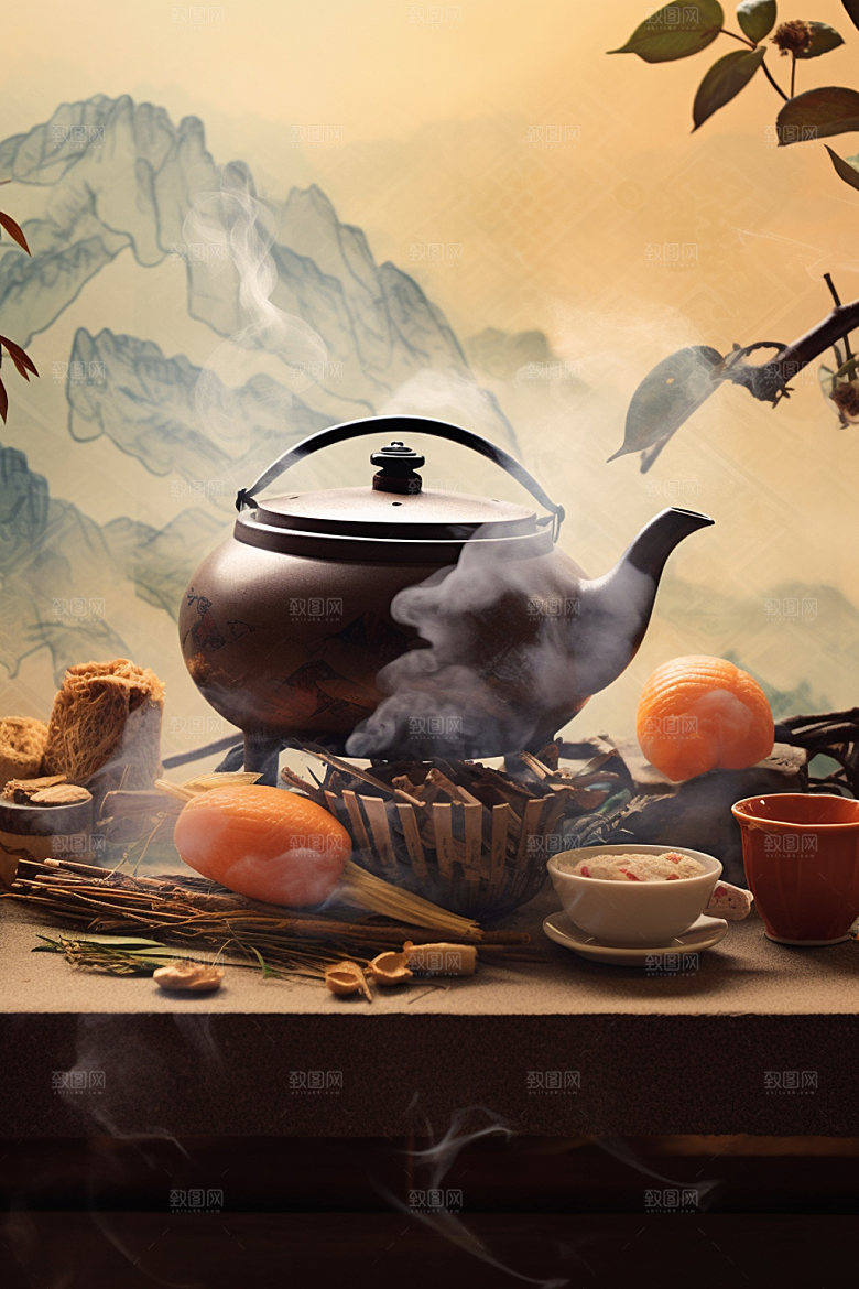 秋冬养生下午茶场景手绘矢量素材