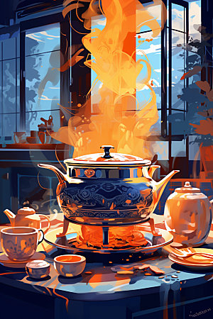 秋冬养生围炉煮茶中国风矢量素材