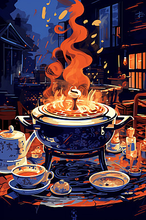 秋冬养生场景手绘围炉煮茶矢量素材