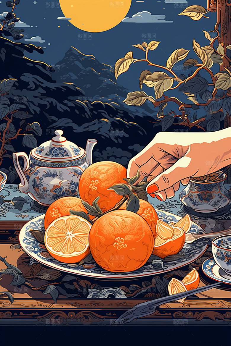 秋冬养生茶话美食插画矢量素材