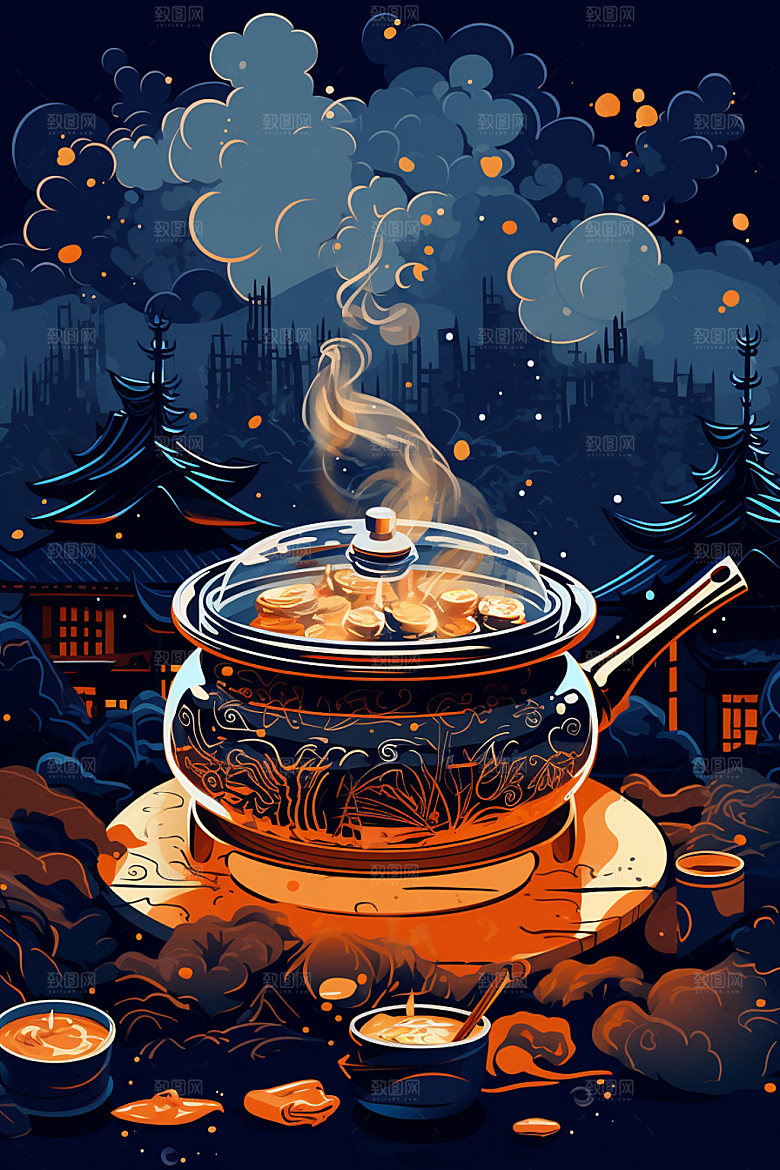 秋冬养生下午茶场景手绘矢量素材