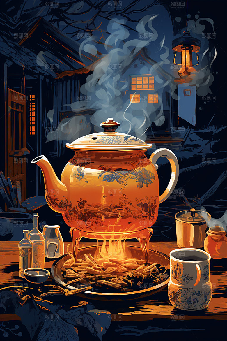 秋冬养生场景手绘茶话矢量素材