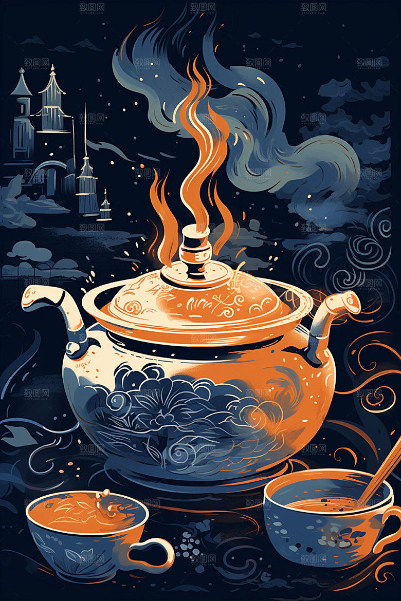 秋冬养生美食插画场景手绘矢量素材