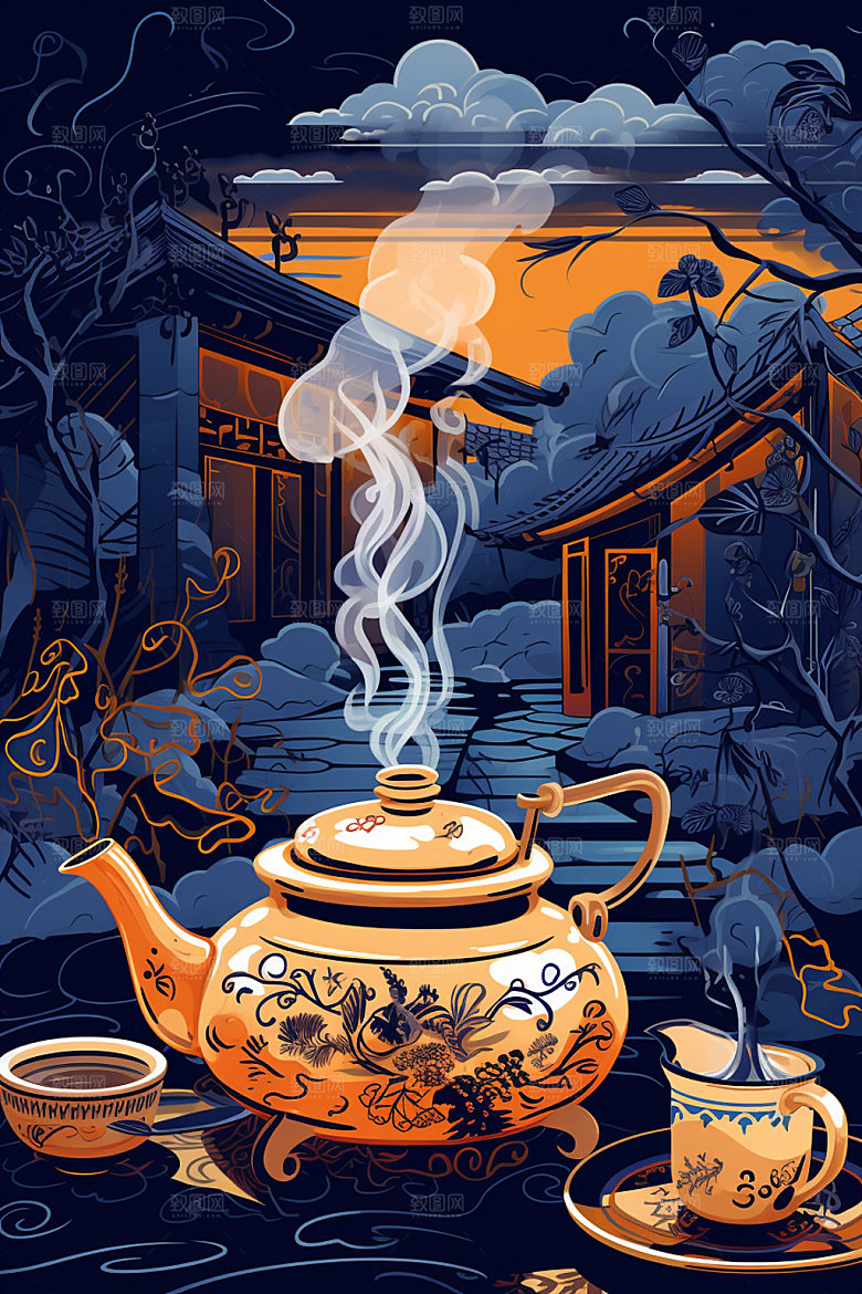 秋冬养生下午茶围炉煮茶矢量素材