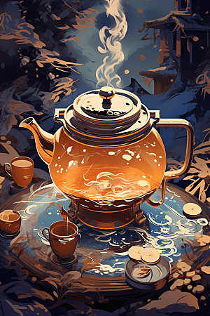 秋冬养生下午茶围炉煮茶矢量素材