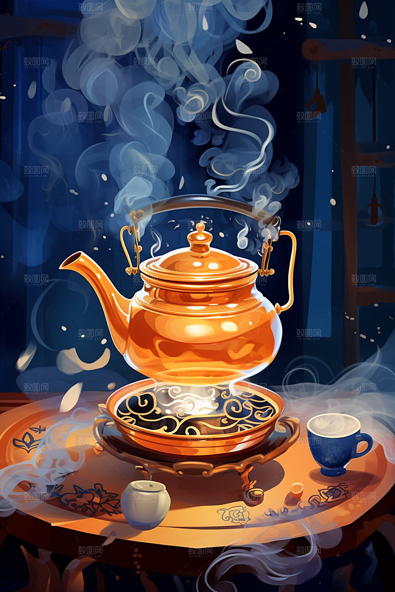 秋冬养生场景手绘休闲饮茶矢量素材