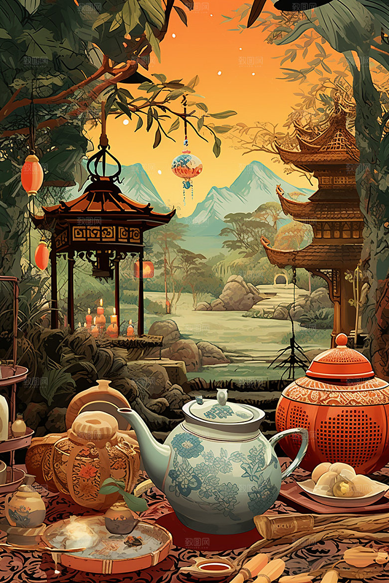 秋冬养生场景手绘茶话矢量素材
