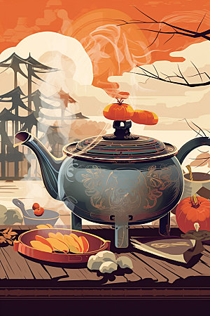 秋冬养生围炉煮茶中国风矢量素材