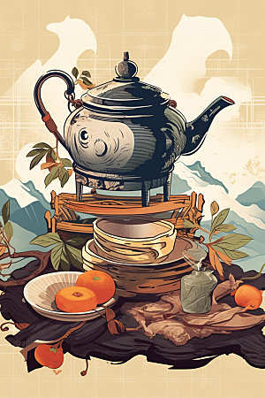 秋冬养生围炉煮茶休闲饮茶矢量素材
