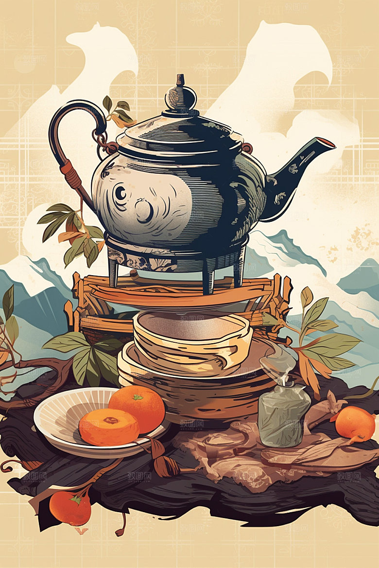 秋冬养生围炉煮茶休闲饮茶矢量素材