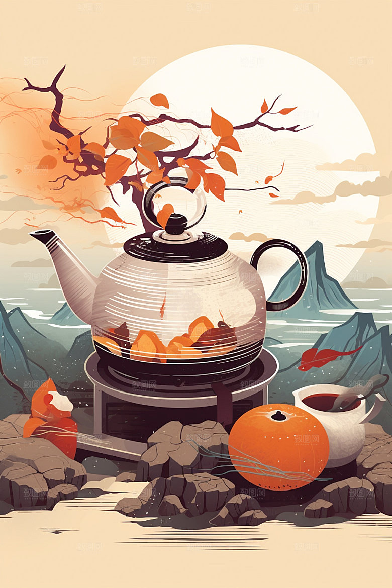 秋冬养生场景手绘休闲饮茶矢量素材