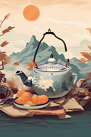 秋冬养生围炉煮茶场景手绘矢量素材