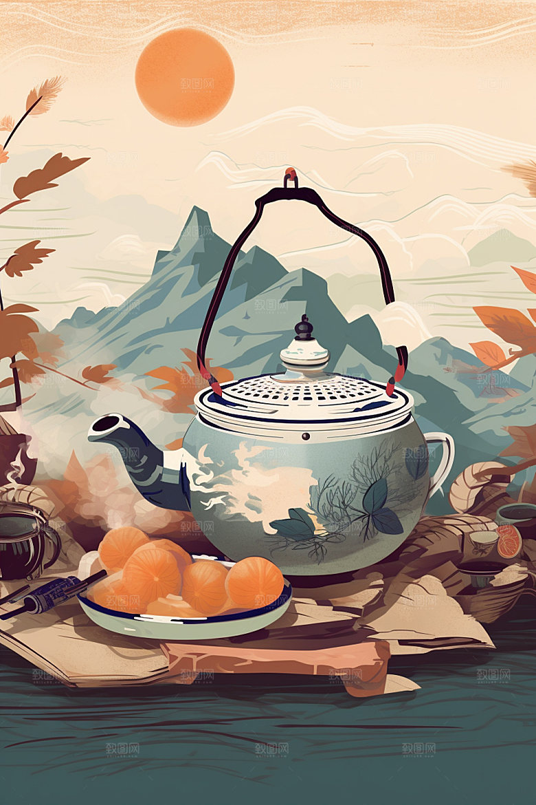 秋冬养生围炉煮茶场景手绘矢量素材