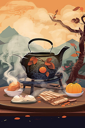 秋冬养生场景手绘围炉煮茶矢量素材