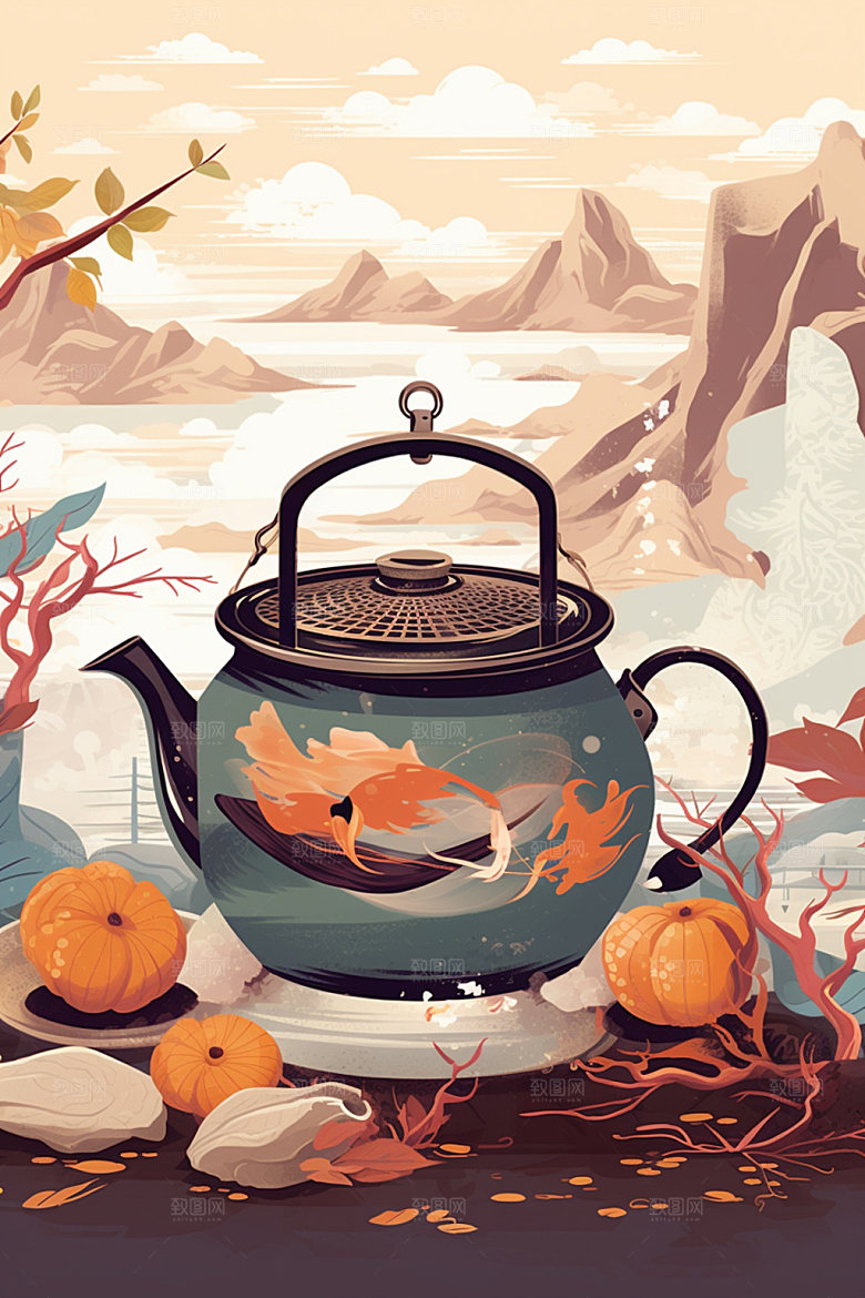 秋冬养生场景手绘美食插画矢量素材