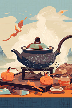 秋冬养生下午茶围炉煮茶矢量素材
