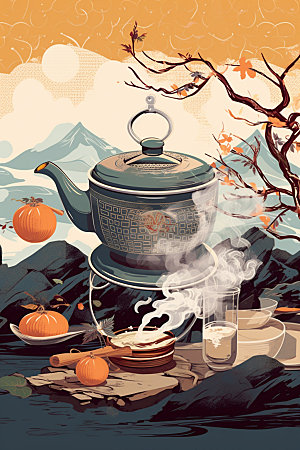 秋冬养生场景手绘下午茶矢量素材