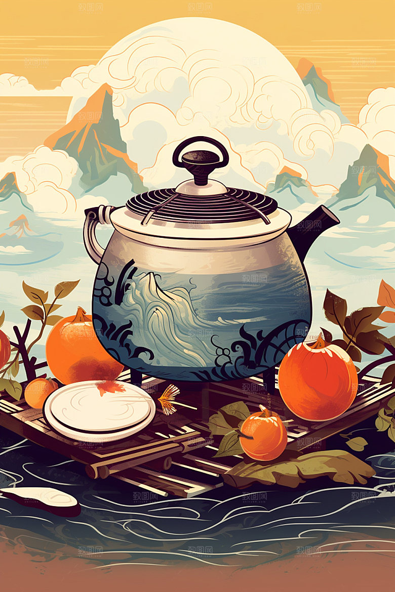 秋冬养生下午茶美食插画矢量素材