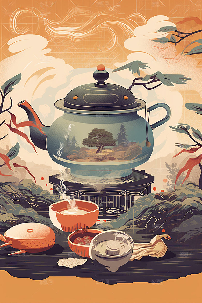 秋冬养生下午茶美食插画矢量素材