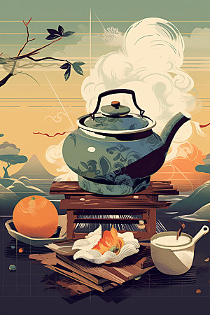 秋冬养生休闲饮茶围炉煮茶矢量素材