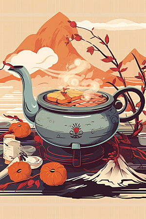 秋冬养生围炉煮茶场景手绘矢量素材