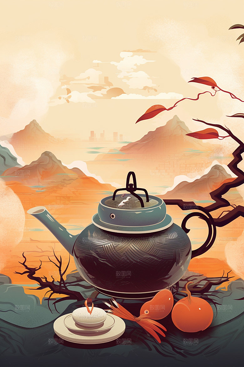 秋冬养生中国风围炉煮茶矢量素材