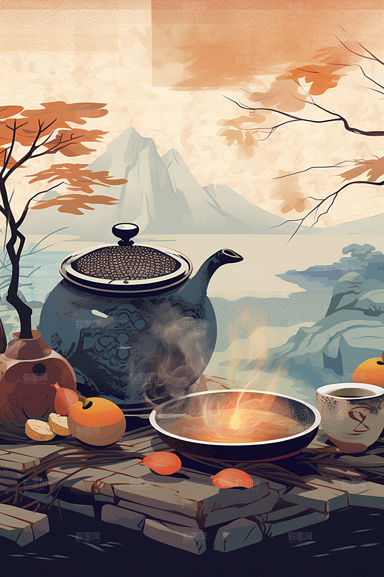 秋冬养生场景手绘休闲饮茶矢量素材