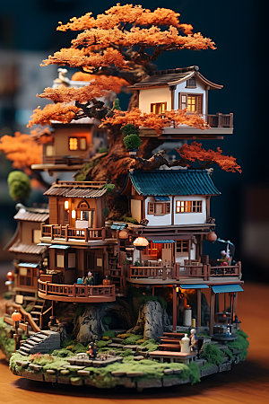 微缩盆景游戏建筑立体模型