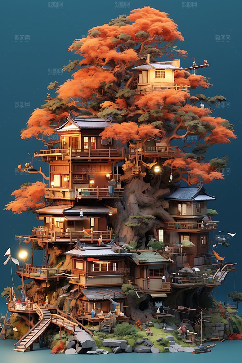 微缩盆景游戏建筑立体模型