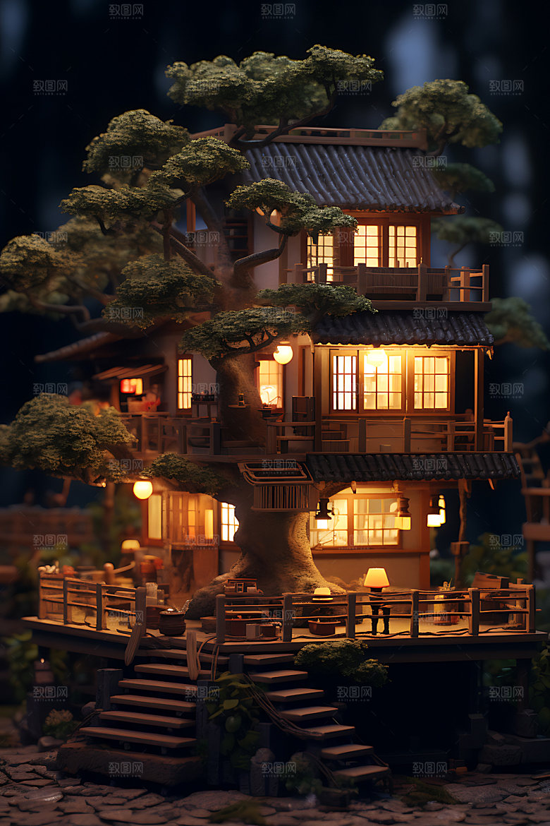 微缩盆景建筑场景立体模型