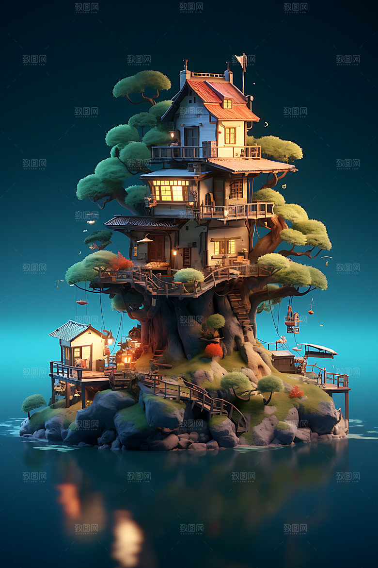 微缩盆景3D游戏建筑模型