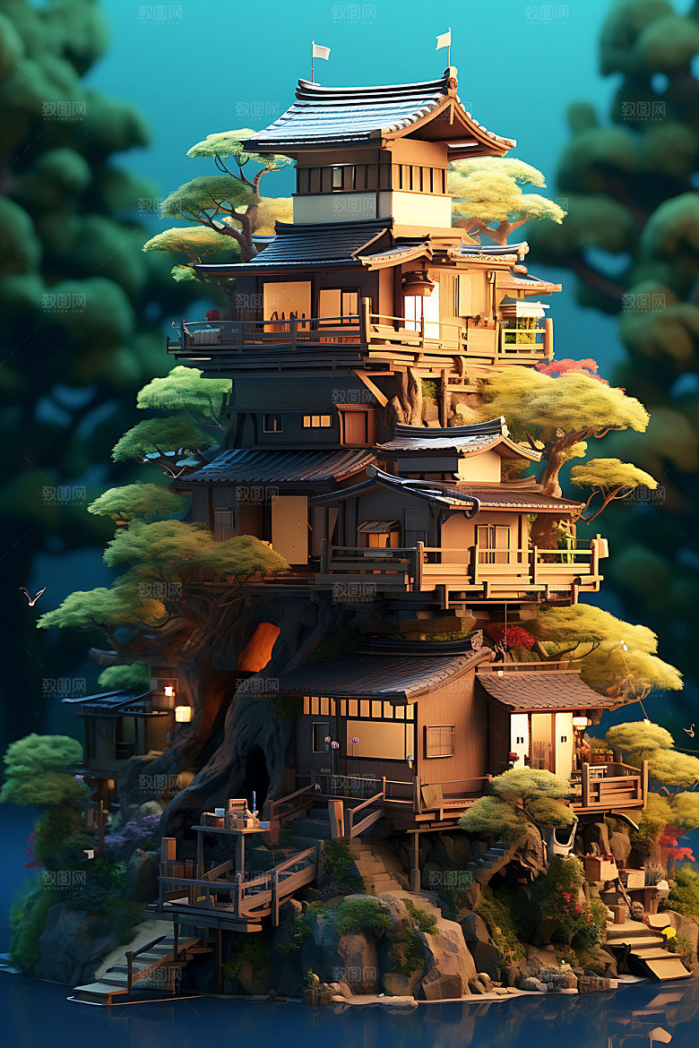 微缩盆景建筑场景立体模型