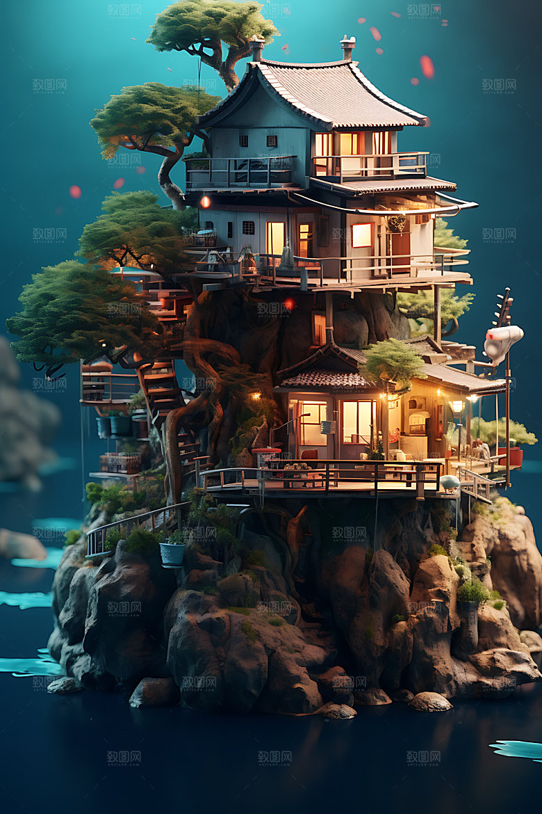 微缩盆景游戏建筑立体模型