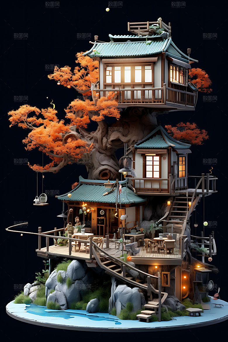微缩盆景立体游戏建筑模型