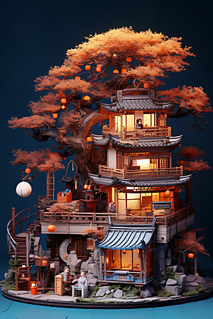 微缩盆景立体游戏建筑模型