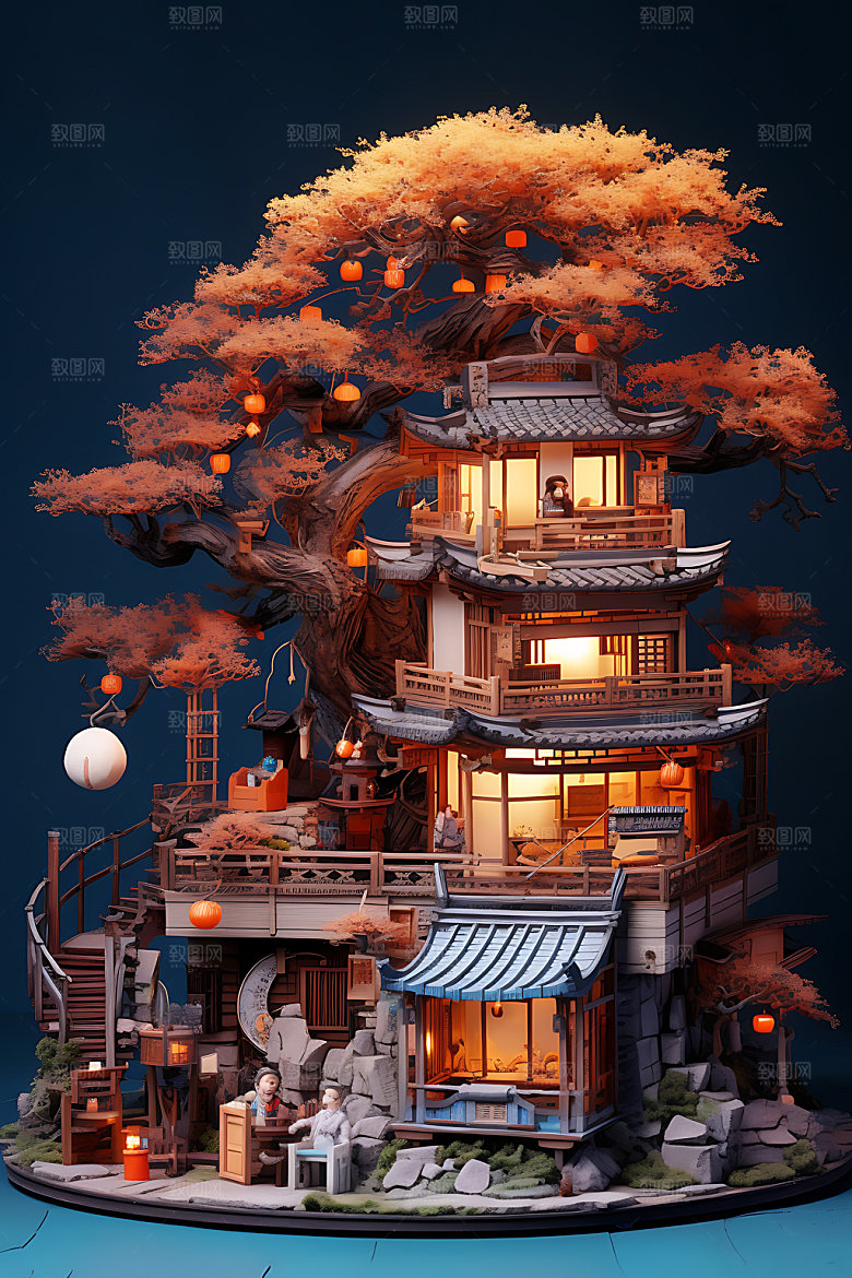 微缩盆景立体游戏建筑模型
