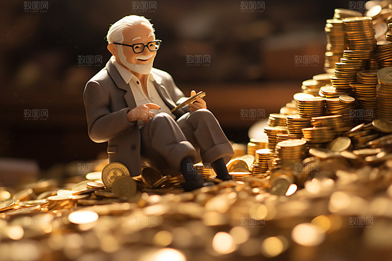 理财养老微缩金币摄影图