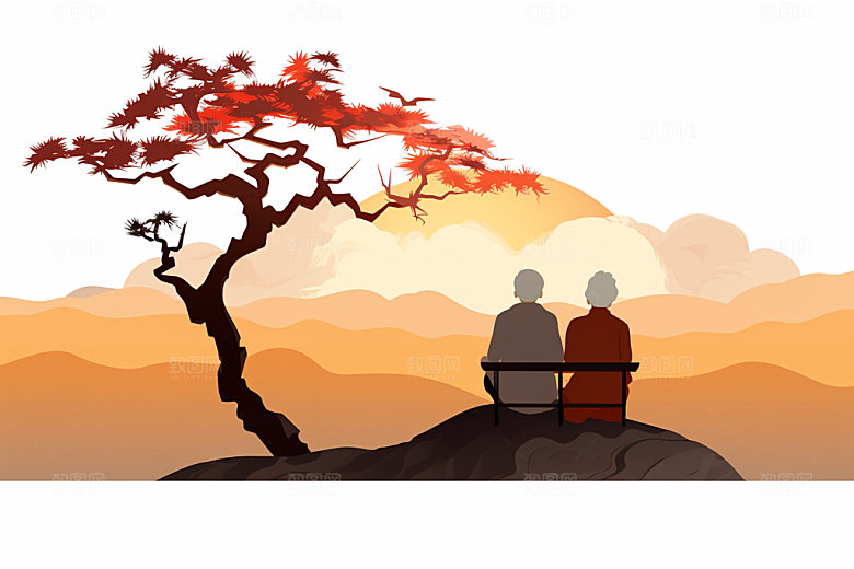 夕阳红剪影重阳节插画