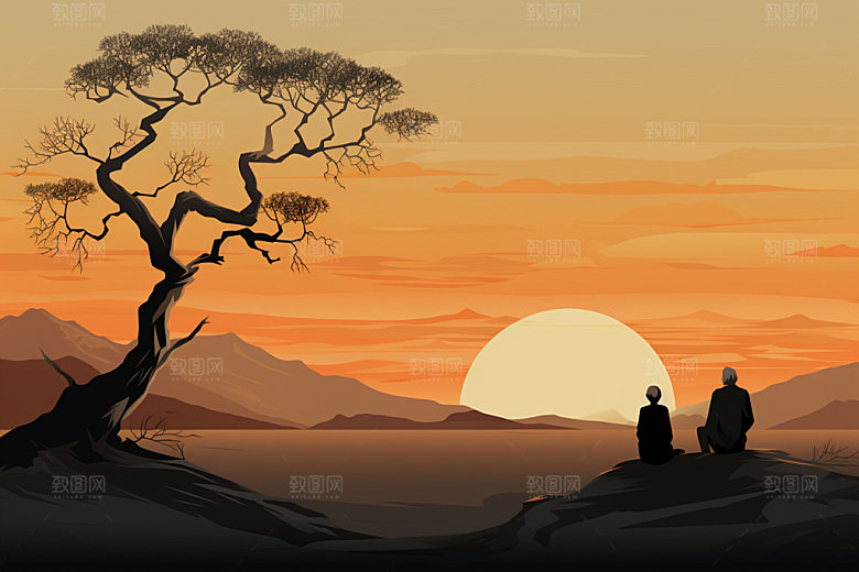 夕阳红老年人背影暮年插画