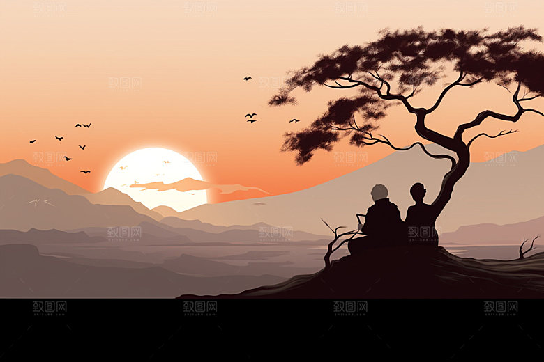 夕阳红温馨暖色调插画