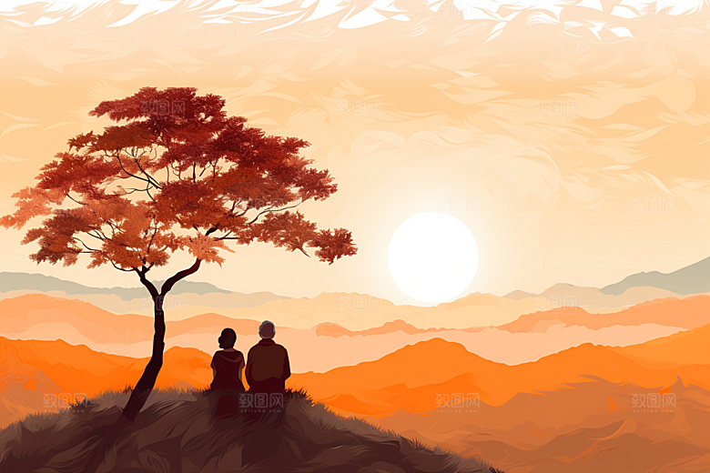 夕阳红关爱老人暮年插画
