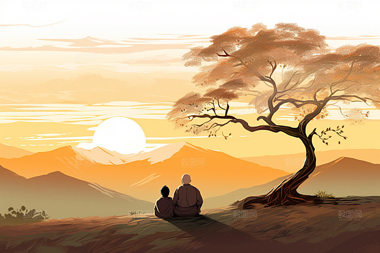夕阳红剪影重阳节插画
