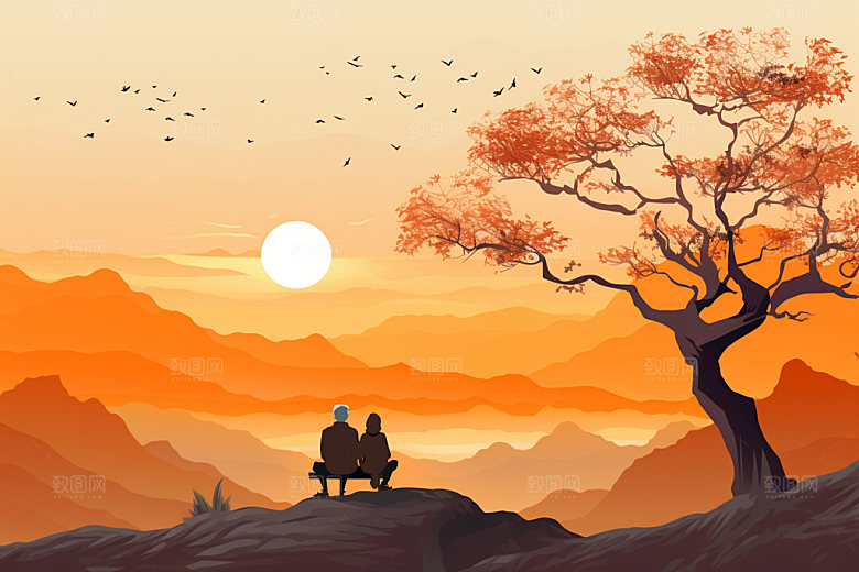 夕阳红秋色关爱老人插画