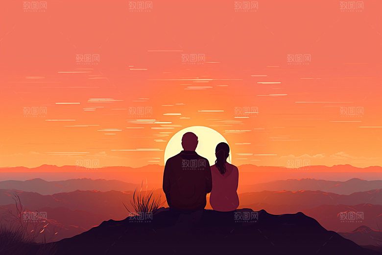 夕阳红老年人背影秋色插画