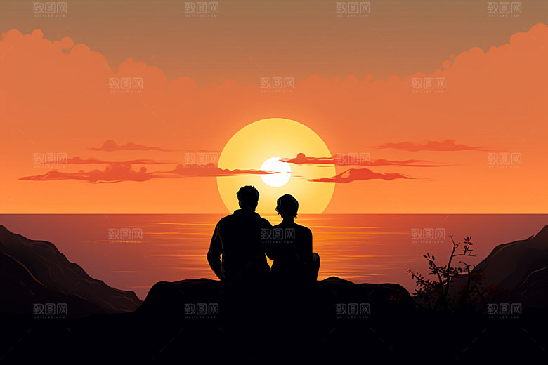 夕阳红暮年落日插画