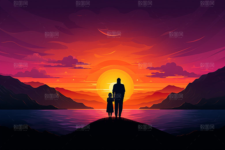 夕阳红老年人背影暖色调插画