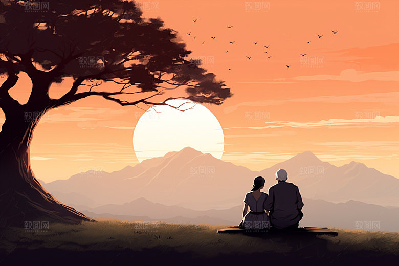 夕阳红重阳节老年人背影插画